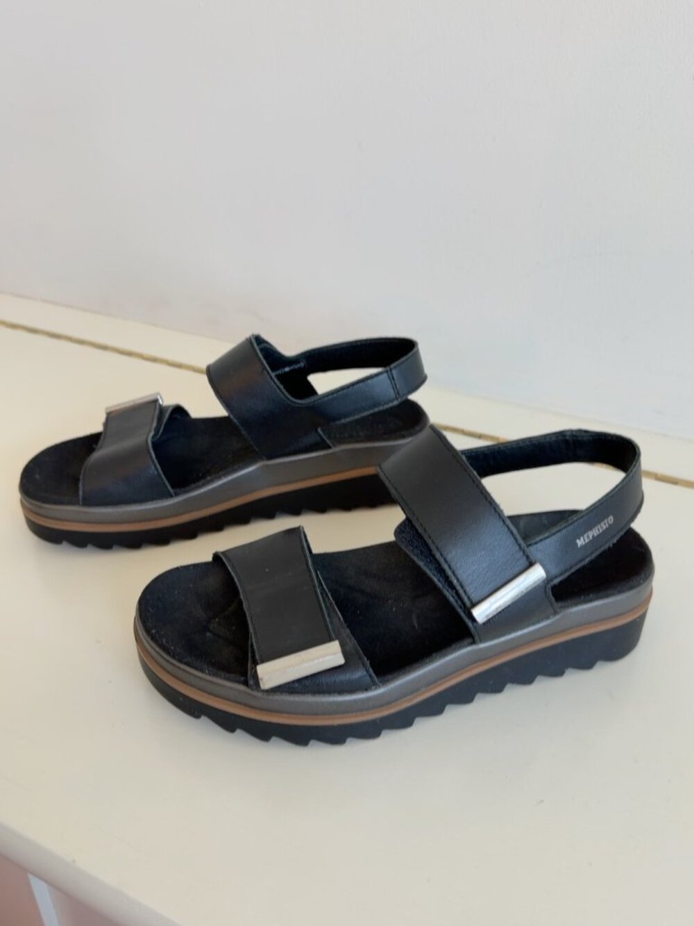 Mephisto Black Leather Platform Wedge Sandals Size 36 US 6